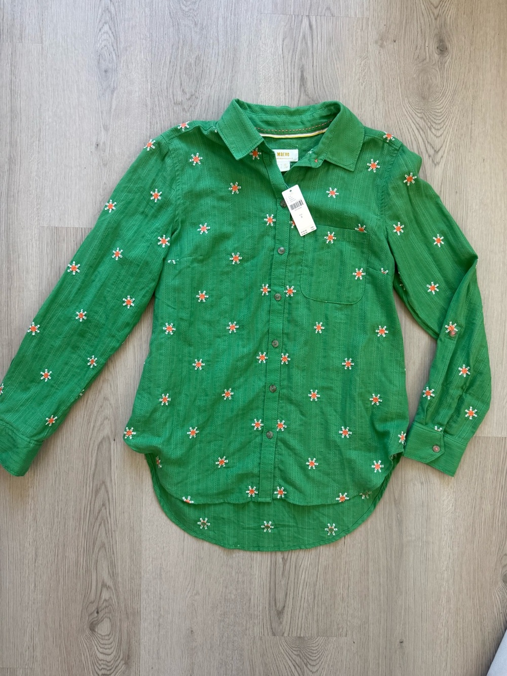 NWT Maeve Anthropologie Green Orange Floral Embroidered Button Down Shirt Size 8
